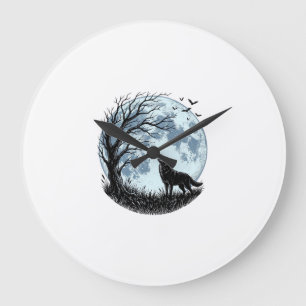 Reloj Redondo Grande Diseño de silueta de árbol de luna aullando lobo v