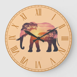 Reloj Redondo Grande Diseño de silueta de elefante de doble exposición 