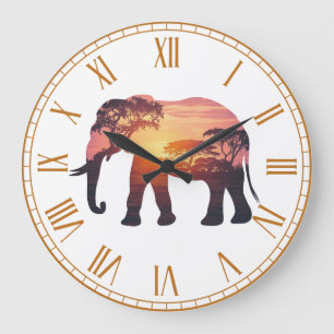 Reloj Redondo Grande Diseño de silueta elefante de doble exposición - S