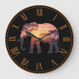 Reloj Redondo Grande Diseño de silueta elefante de doble exposición - S