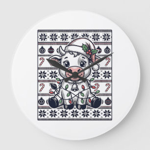 Reloj Redondo Grande Diseño de suéter feo de vaca de Navidad grabado vi