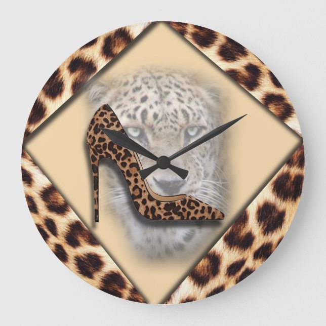 Reloj Redondo Grande diseño de tacón y cara alto de leopardo (Anverso)