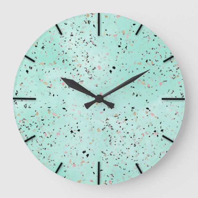 Reloj Redondo Grande Diseño de terrazo de mármol blanco y dorado Confet (Anverso)