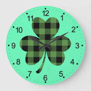 Reloj Redondo Grande Diseño de trébol de shamrock de cuadros verde búfa