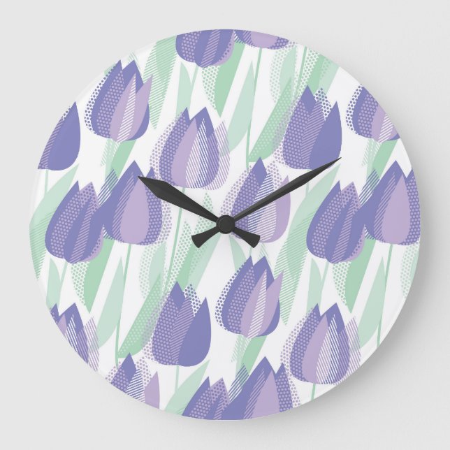 Reloj Redondo Grande Diseño de tulipanes: floral violeta pálida. (Anverso)