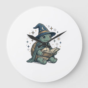 Reloj Redondo Grande Diseño de vector de brujo de tortuga linda leyendo