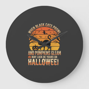 Reloj Redondo Grande Diseño de vector de calabaza de gato negro de Hall