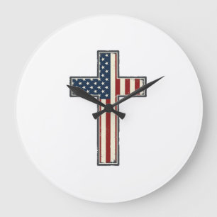 Reloj Redondo Grande Diseño de vector de cruz patriótica angustiado_1