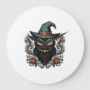 Reloj Redondo Grande Diseño de vector de sombrero de bruja de búho de H