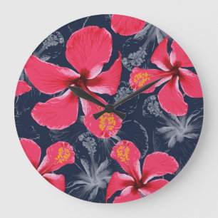Reloj Redondo Grande Diseño de verano de las flores tropicales de Hibis