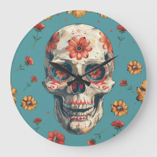 Reloj Redondo Grande Diseño del Día de los Muertos con cráneo y flores