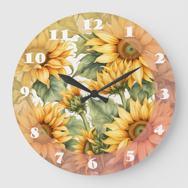 Reloj Redondo Grande Diseño del patrón de arte de los girasoles (Anverso)