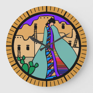 Reloj Redondo Grande Diseño del sudoeste del nativo americano del