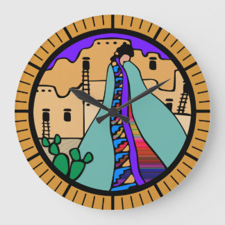 Reloj Redondo Grande Diseño del Suroeste de Pueblo Nativo Estadounidens