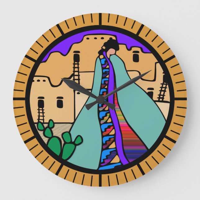 Reloj Redondo Grande Diseño del Suroeste de Pueblo Nativo Estadounidens (Anverso)