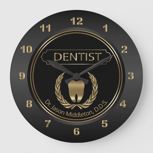 Reloj Redondo Grande Diseño dental negro y dorado (Anverso)