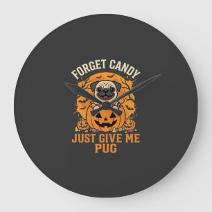Reloj Redondo Grande Diseño divertido de dulces de pug de Halloween_1