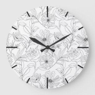 Reloj Redondo Grande diseño elegante de flores de jardín negro contor
