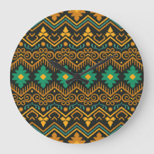 Reloj Redondo Grande Diseño étnico Ikat Fabric Borroidado