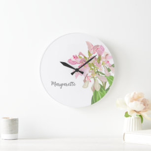 Reloj Redondo Grande Diseño Floral de Orquídea Rosa – Arte Botánico Ele
