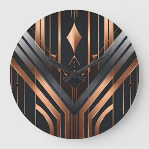 Reloj Redondo Grande Diseño geométrico Art Deco de cobre y plata