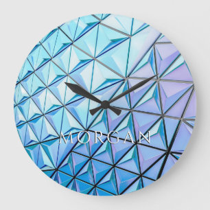 Reloj Redondo Grande Diseño geométrico azul negro púrpura, nombre blanc