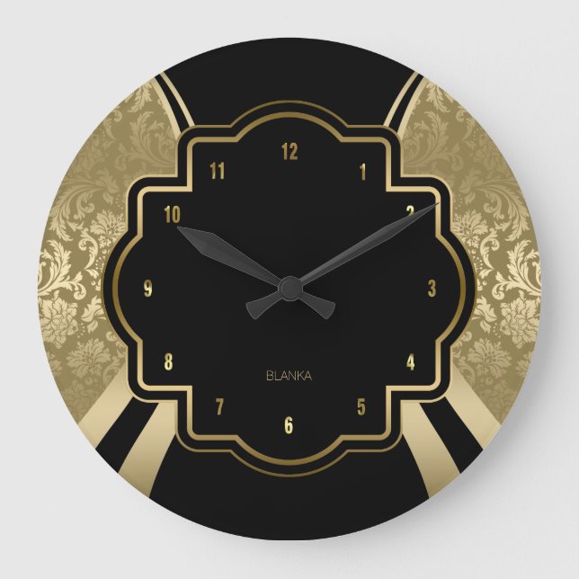 Reloj Redondo Grande Diseño geométrico de damasco negro y dorado (Anverso)