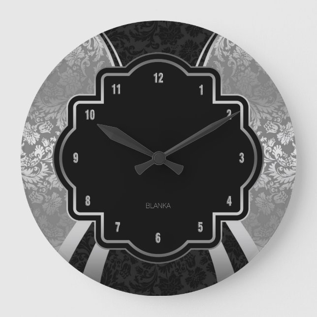 Reloj Redondo Grande Diseño geométrico de damasco negro y plateado (Anverso)