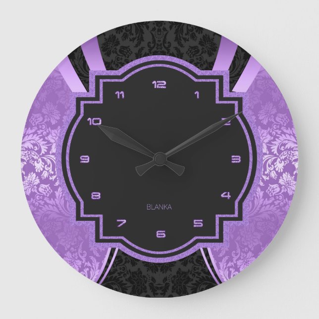 Reloj Redondo Grande Diseño geométrico de damascos negros y morados (Anverso)