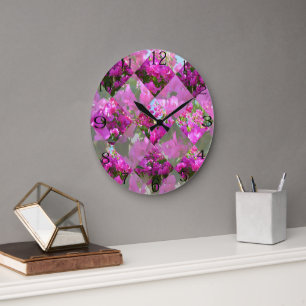 Reloj Redondo Grande Diseño geométrico de la flor rosa Bougainvillea,
