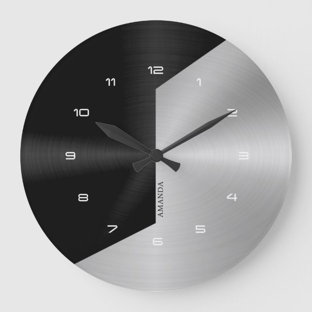 Reloj Redondo Grande Diseño geométrico metálico moderno negro y platead (Anverso)