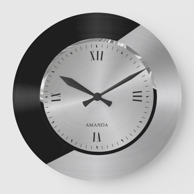 Reloj Redondo Grande Diseño geométrico metálico moderno negro y platead (Anverso)