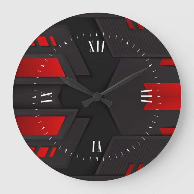Reloj Redondo Grande Diseño geométrico metálico negro y rojo (Anverso)