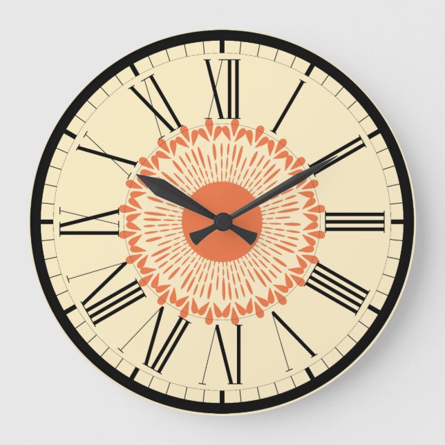 Reloj Redondo Grande Diseño geométrico naranja y amarillo, "girasol" (Anverso)