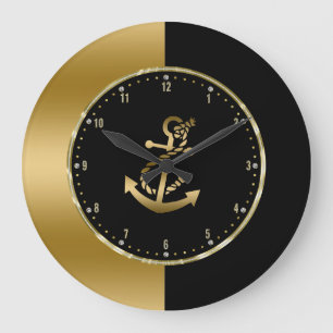 Reloj Redondo Grande Diseño geométrico negro y dorado con ancla de barc