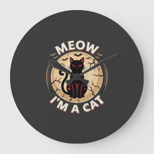 Reloj Redondo Grande Diseño gráfico de gato Meow Halloween_1