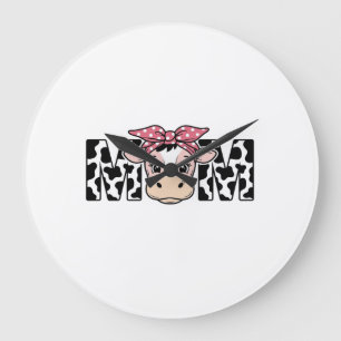 Reloj Redondo Grande Diseño Gráfico de Vaca Linda con Lazo de Mamá_1