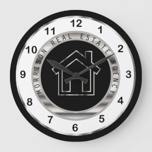 Reloj Redondo Grande Diseño inmobiliario en plata, blanco y negro