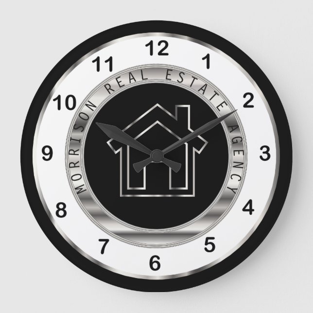 Reloj Redondo Grande Diseño inmobiliario en plata, blanco y negro (Anverso)