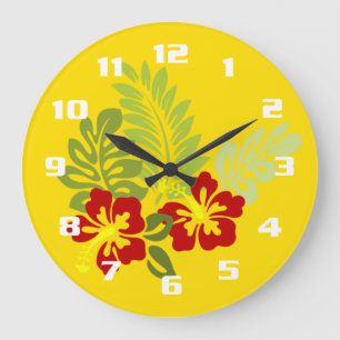 Reloj Redondo Grande Diseño intrahospical tropical con flor de Hibiscus