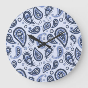 Reloj Redondo Grande Diseño Intrincado de Estampado Floral Paisley Azul