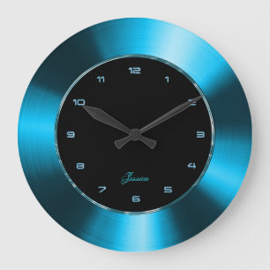 Reloj Redondo Grande Diseño Metálico Azul Falso con Aspecto de Acero In