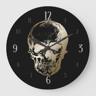 Reloj Redondo Grande Diseño metálico de cráneo dorado en negro