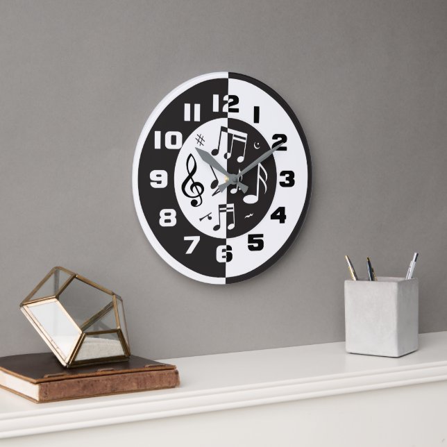 Reloj Redondo Grande Diseño musical contemporáneo en blanco y negro (Oficina)
