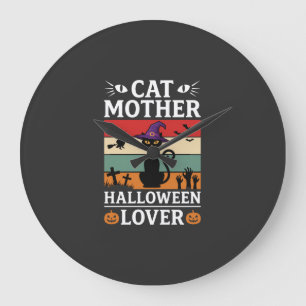Reloj Redondo Grande Diseño Retro de Bruja Amante de la Madre Gato de H