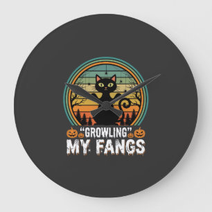 Reloj Redondo Grande Diseño Retro de Halloween Gato Negro Gruñendo Mis