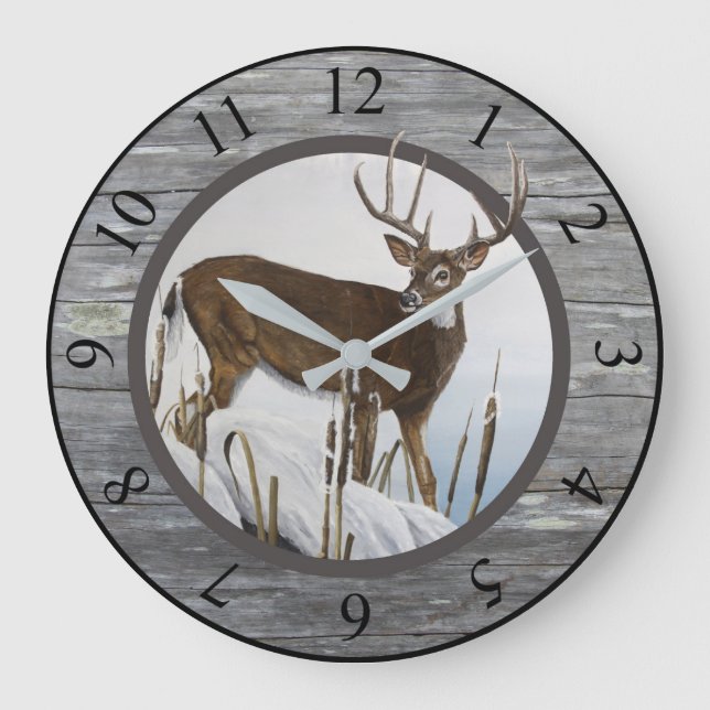 Reloj Redondo Grande Diseño rústico del venado de cola blanca (Anverso)