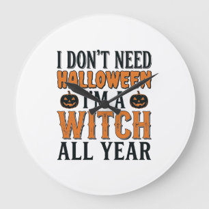 Reloj Redondo Grande Diseño tipográfico de bruja divertida de Halloween