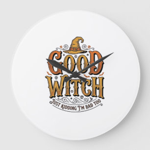 Reloj Redondo Grande Diseño tipográfico de Halloween de bruja buena vin