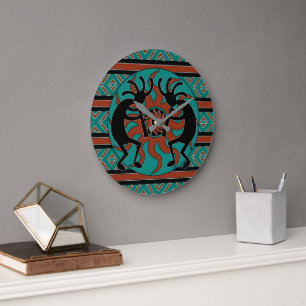 Reloj Redondo Grande Diseño turquesa del suroeste de Kokopelli